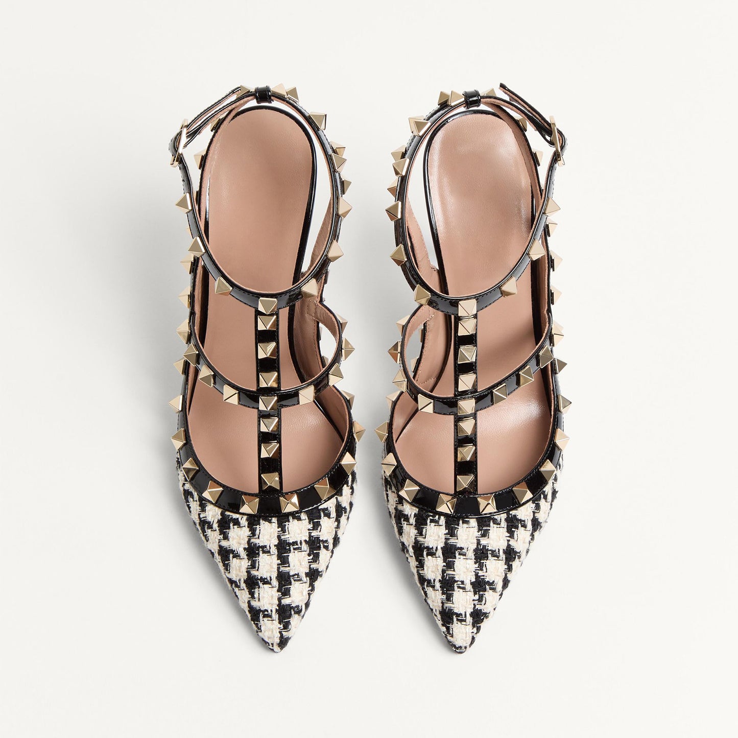 Plaid Cloth Pointed-Toe Studded Strappy Slingback High Heels