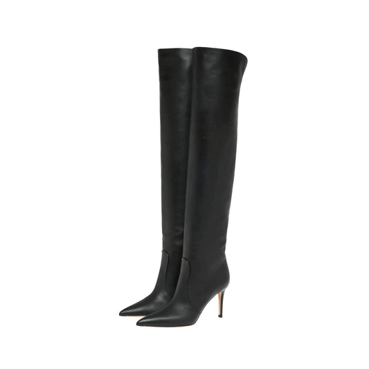 Black Vegan Leather Pointed-Toe Wide Calf Over-The-Knee Stiletto Boots