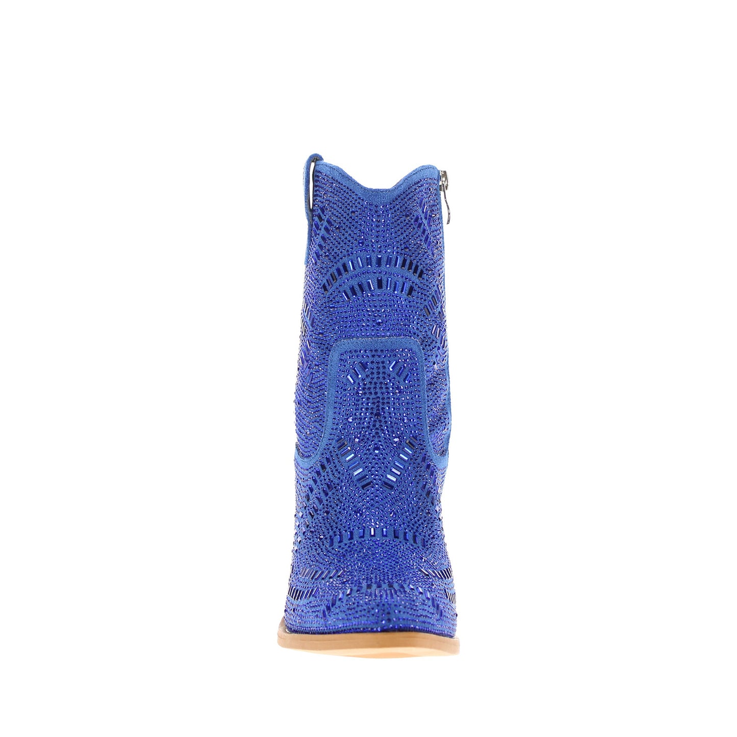 Blue Faux Suede Pointed-Toe Full Crystals Full-Zip Ankle Cowgirl Boots