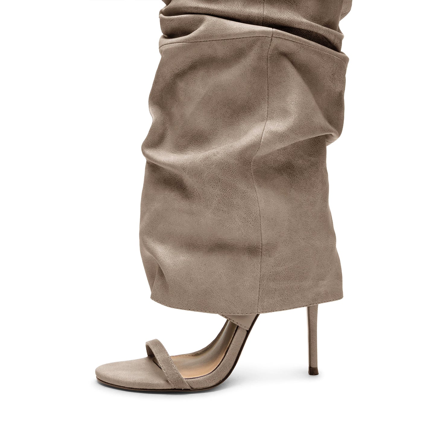 Gray Open Round-Toe Fold-Over Wide Calf Knee High Stiletto Boots