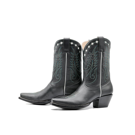 Black Snip-Toe Embroidery Classic Ankle Cowgirl Boots
