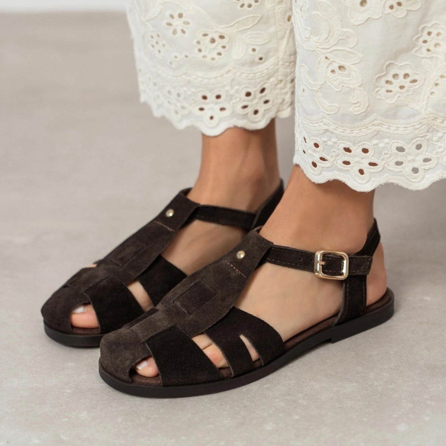 Coffee Cow Suede Round-Toe Caged Detail Buckle Sandals Flats