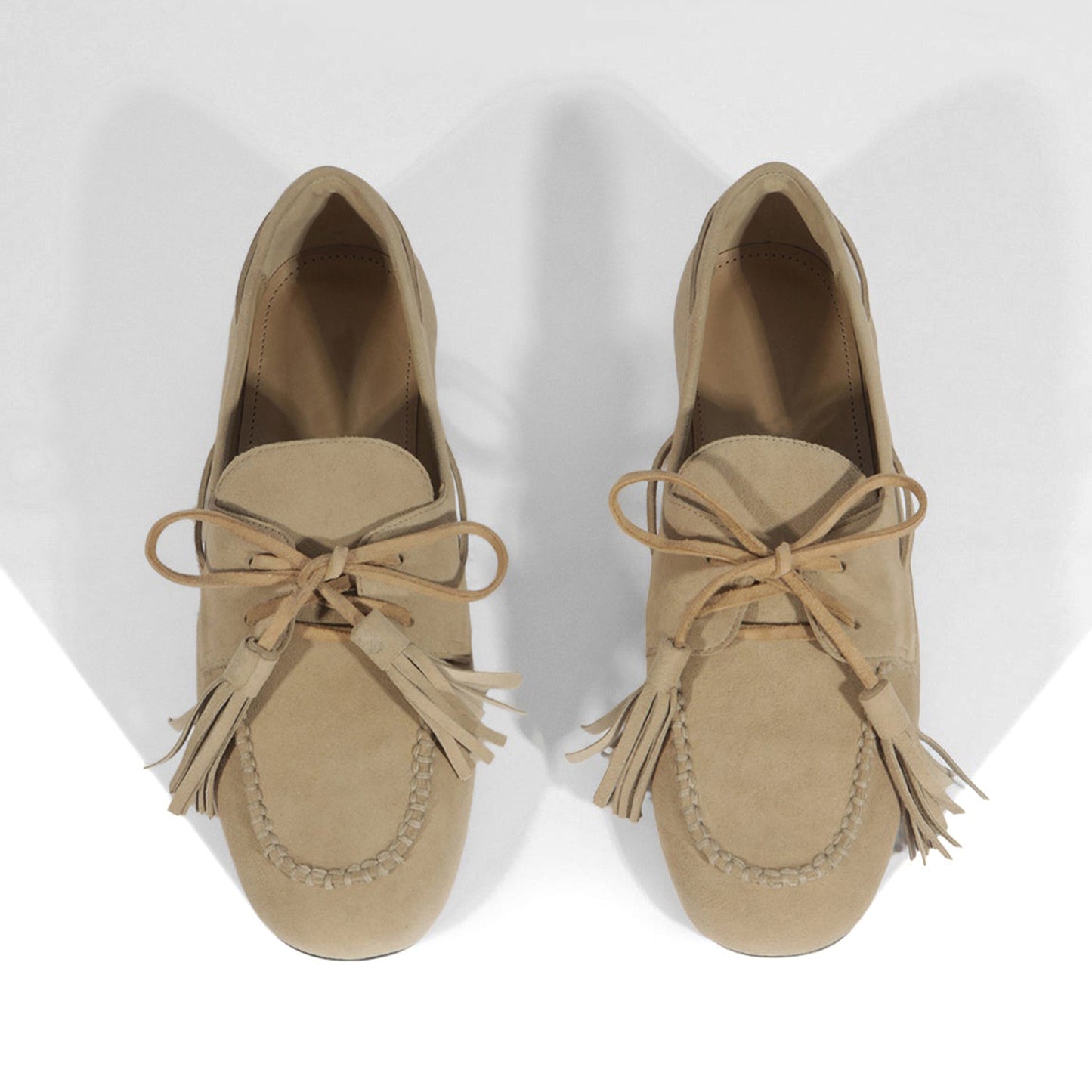 Light Khaki Faux Suede Square-Toe Front Bow With Fringe Slip-On Flats
