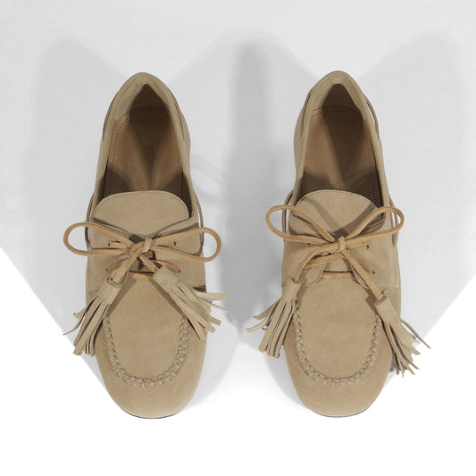 Light Khaki Faux Suede Square-Toe Front Bow With Fringe Slip-On Flats