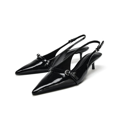 Patent Black Pointed-Toe Front Strap Slingback Kitten Heels