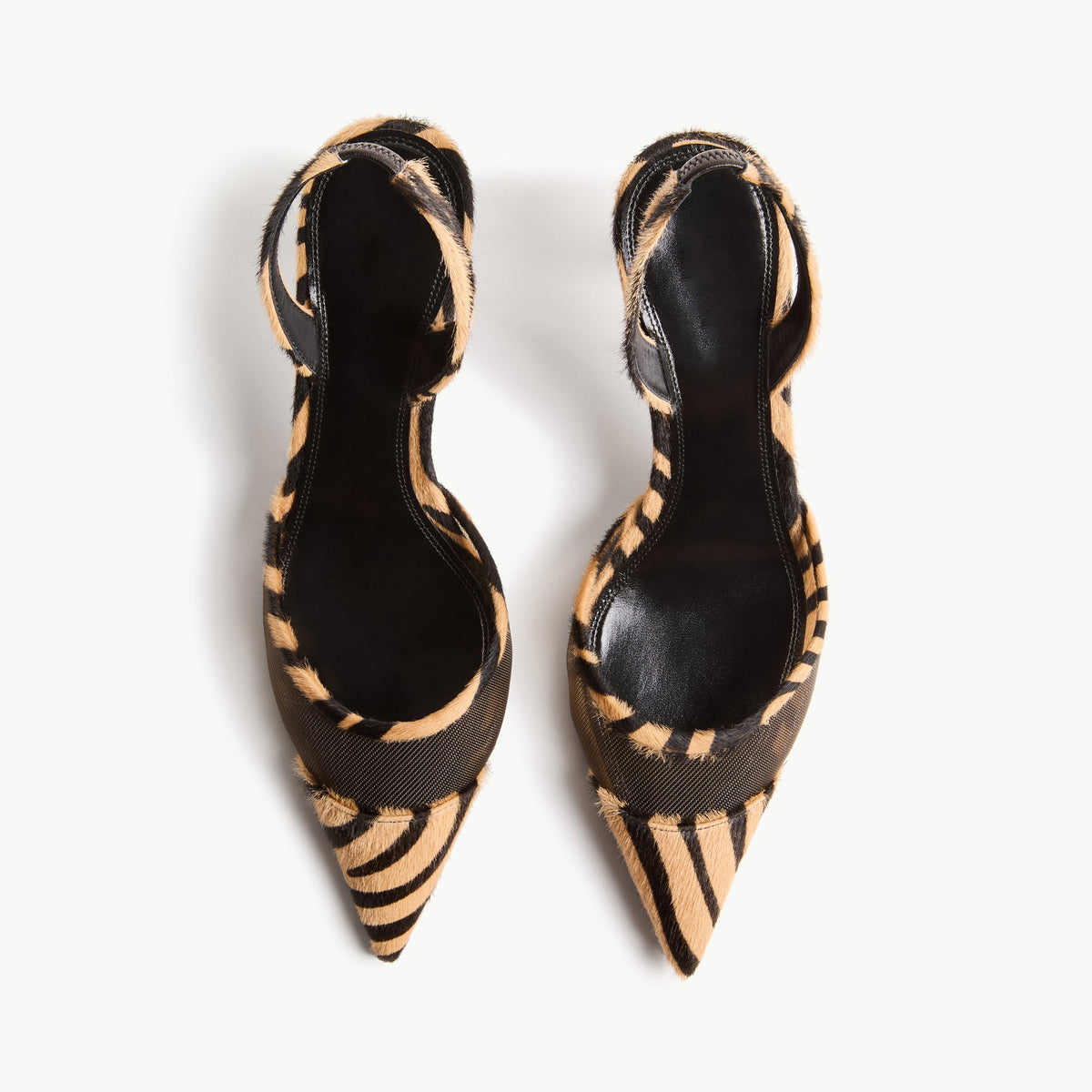 Mesh And Tiger Pattern Pointed-Toe Slingback Slip-On Kitten Heels