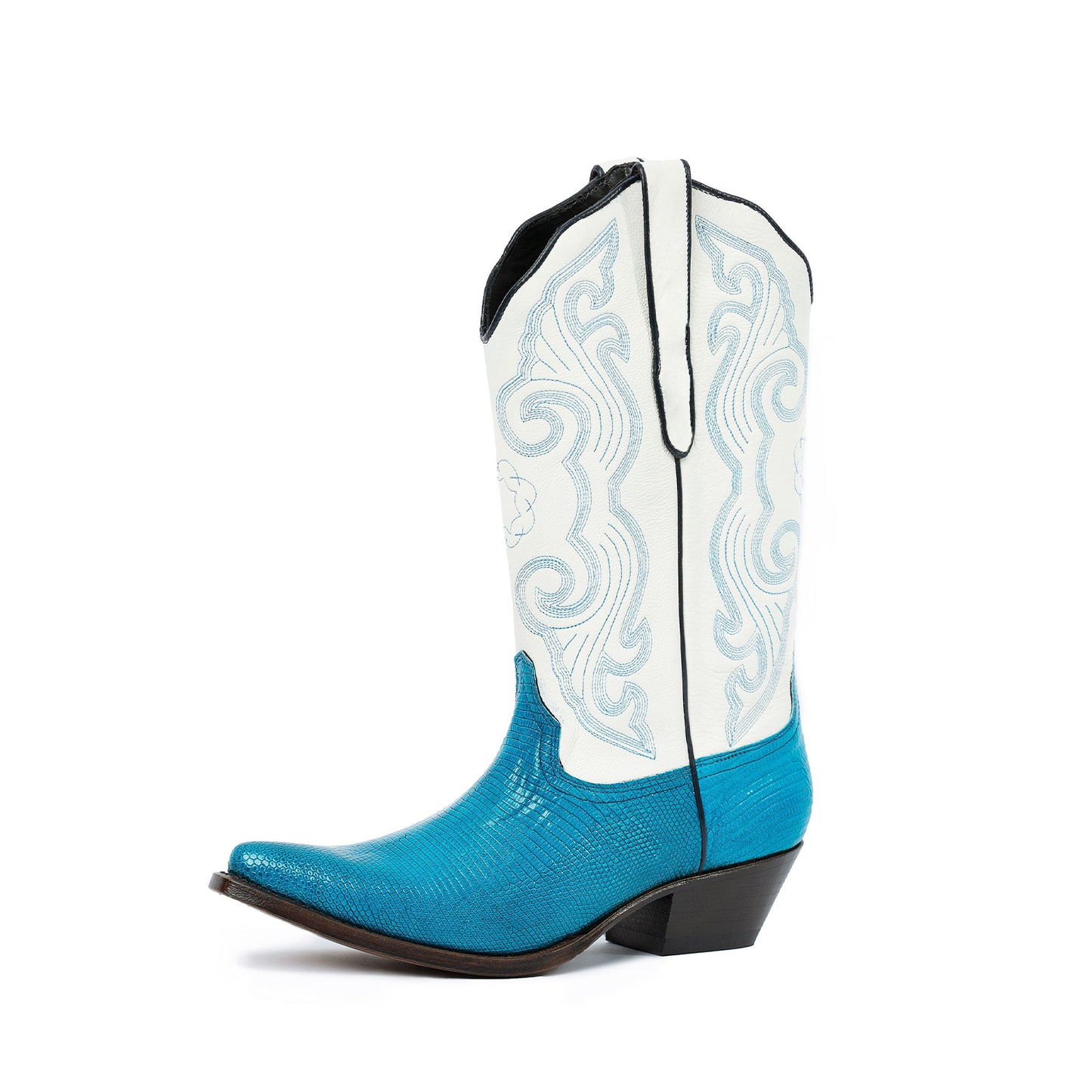 Contrast White And Blue Lizard Print Pointed-Toe Embroidery Mid Calf Cowgirl Boots
