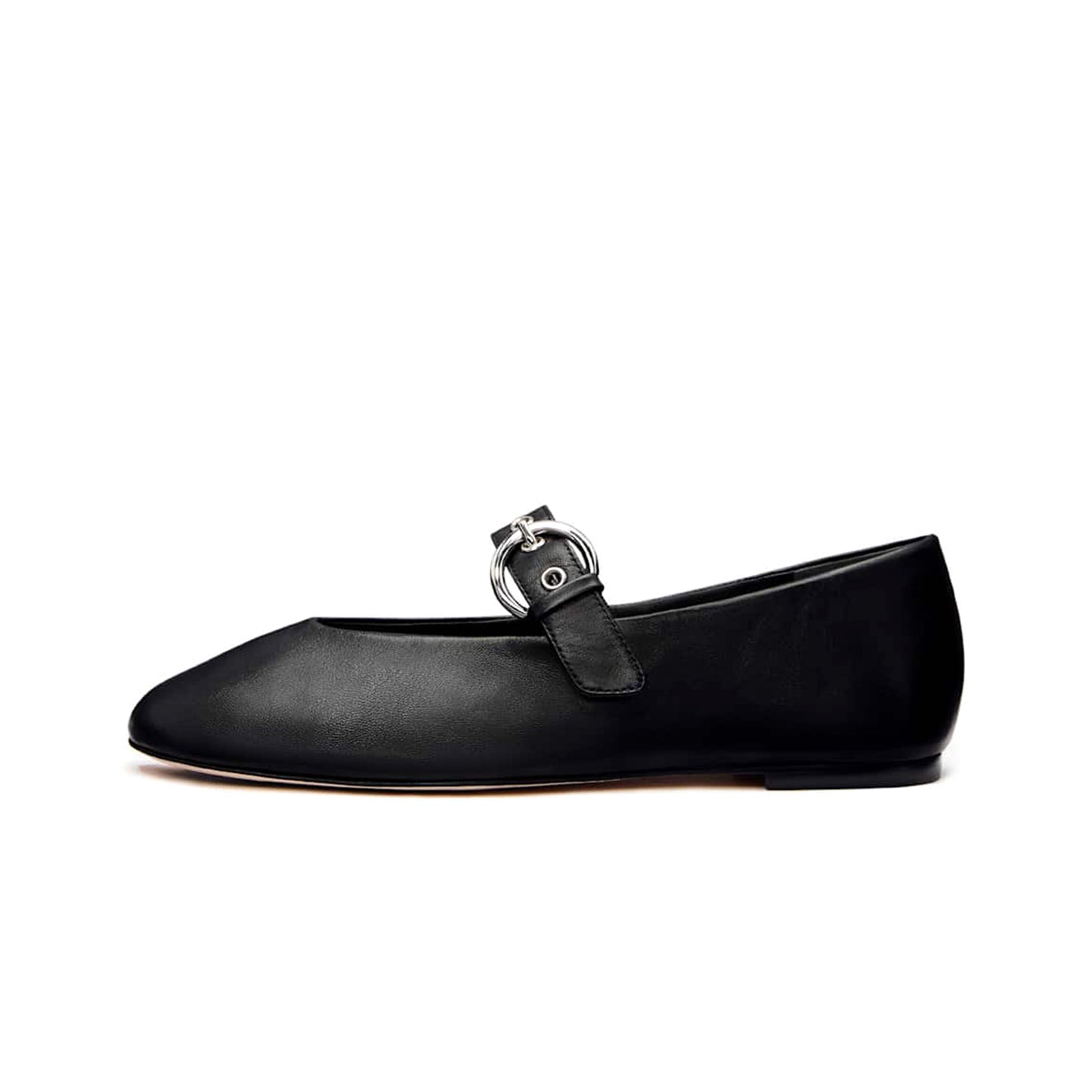 Black Square-Toe Classic Buckle Bridge Strap Ballet Flats
