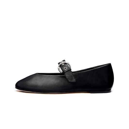 Black Square-Toe Classic Buckle Bridge Strap Ballet Flats