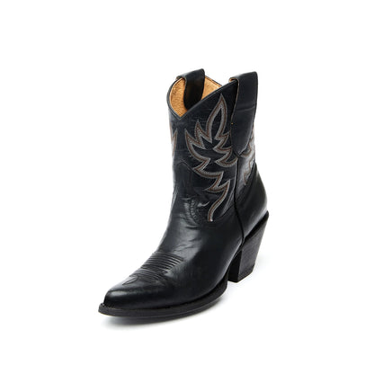 Black Almond-Toe Embroidery Ankle Cowgirl Boots