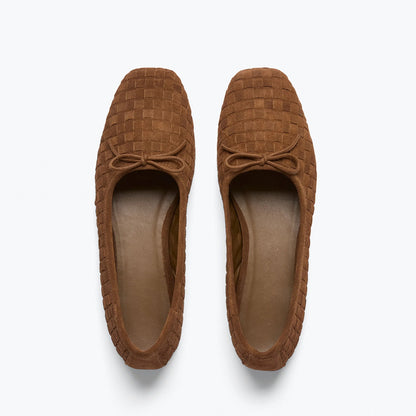 Coffee Woven Faux Suede Square-Toe Front Bow Ballet Flats