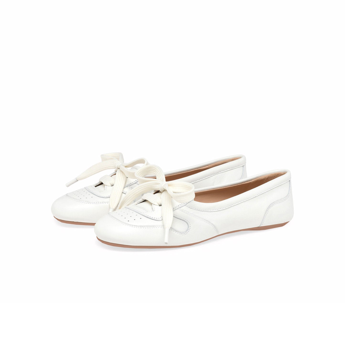 White Round-Toe Front Lace-Up Slip-On Ballet Flats