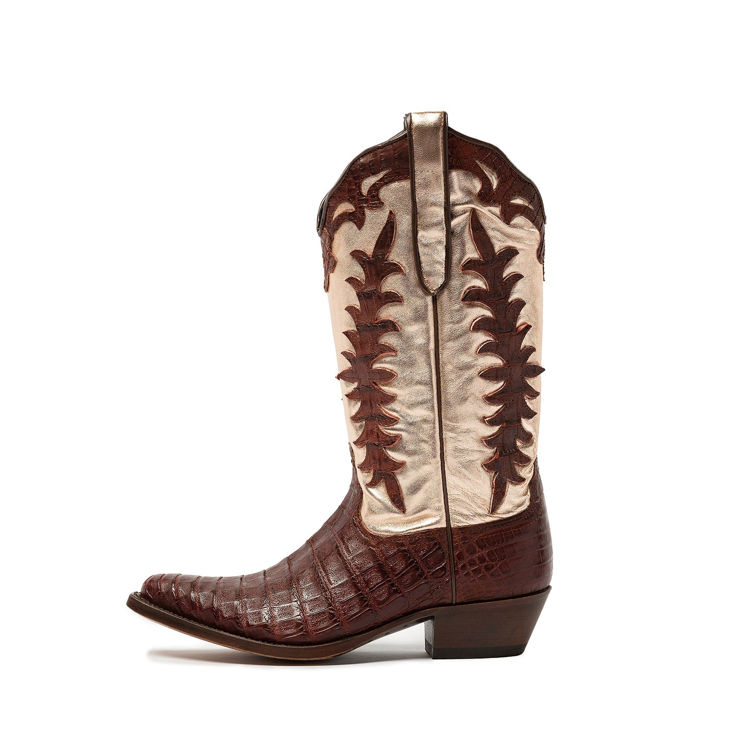 Contrast Brown Crocodile Print And Metallic Champagne Snip-Toe Appliques Mid Calf Cowgirl Boots