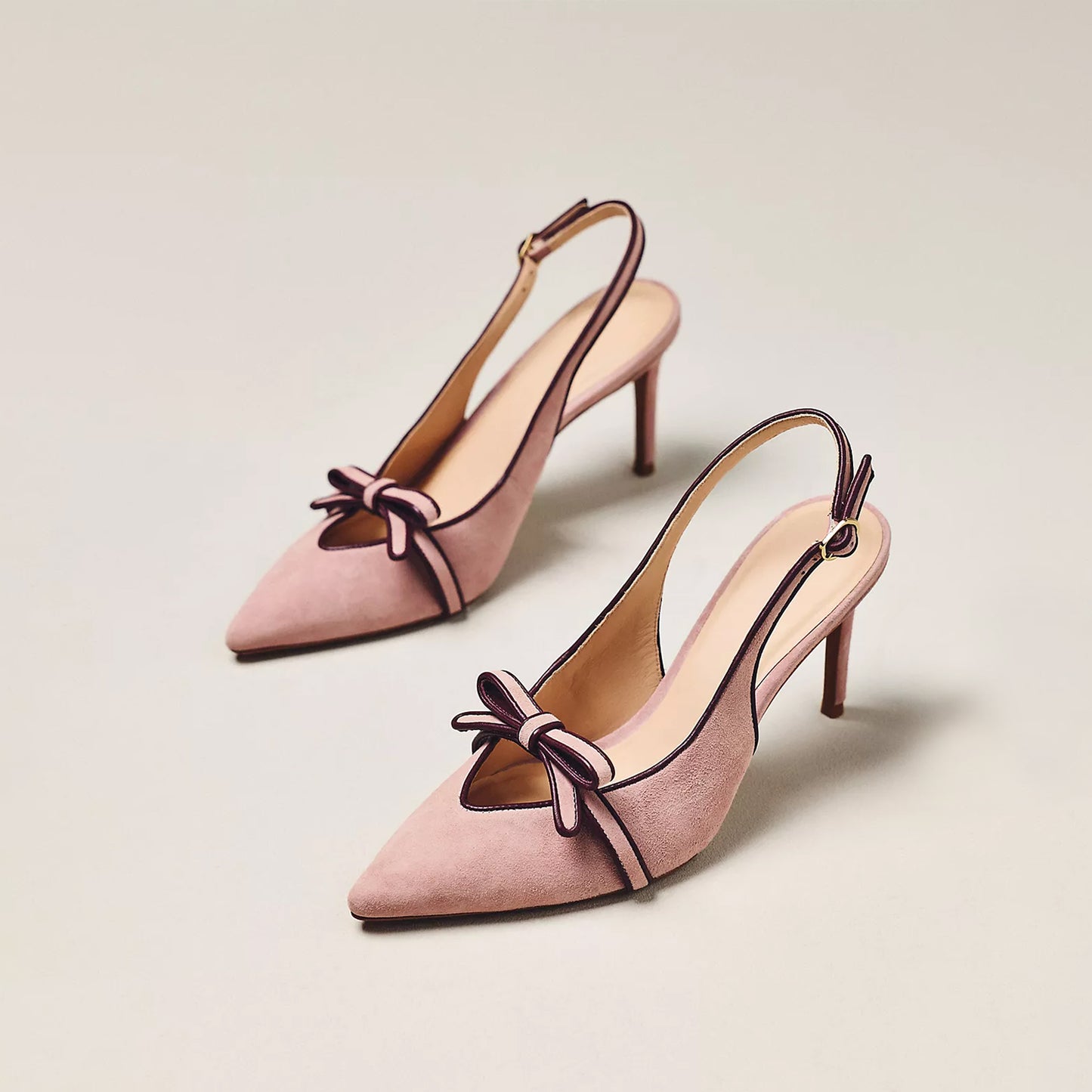 Pink Suede Pointed-Toe Front Bow Slingback Ankle Strap Kitten Heels