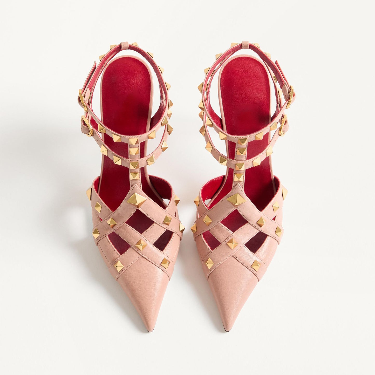 Pink Pointed-Toe Studded Strappy Ankle Strap High Heels