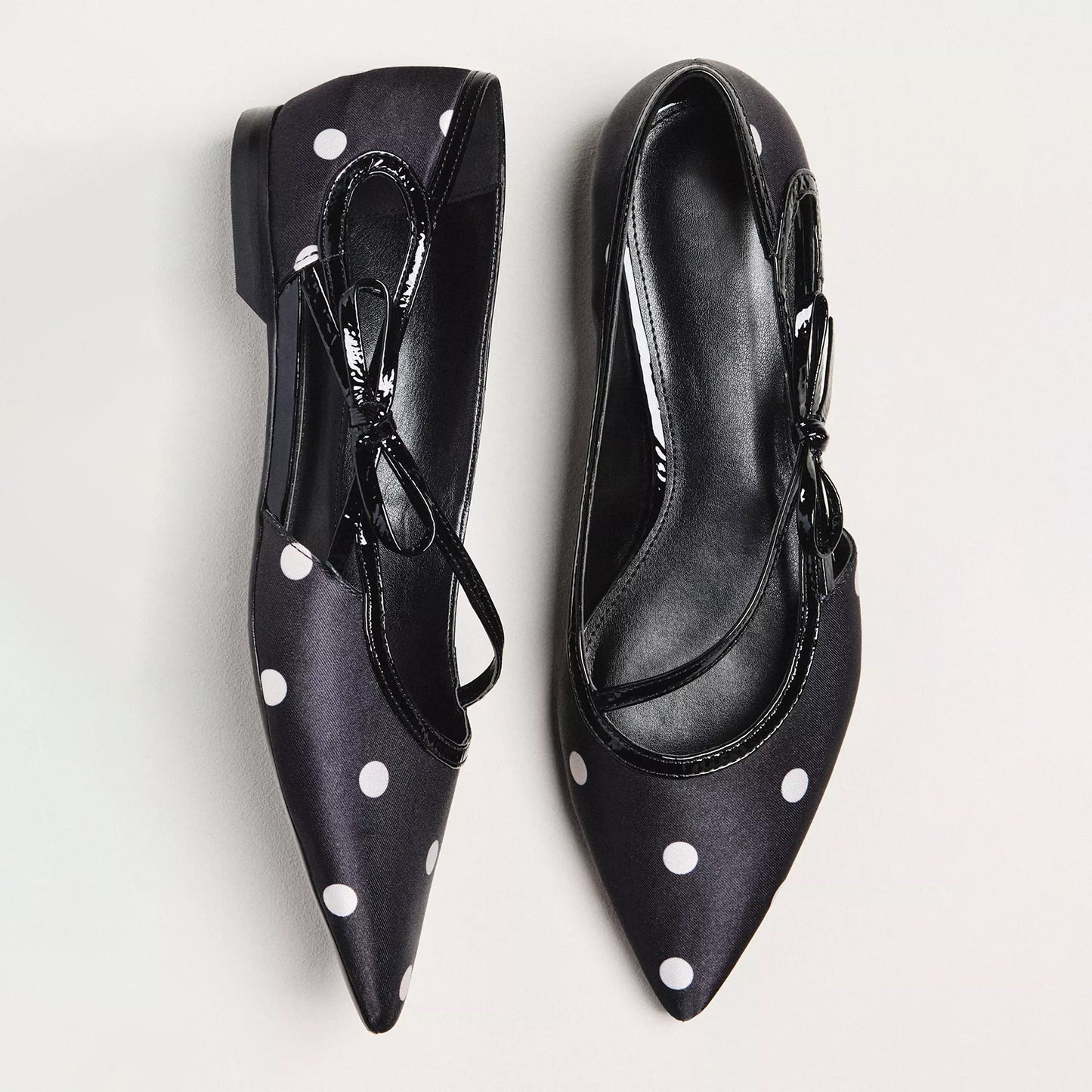 Black Patent Satin Pointed-Toe Side-Strap Bow Flats.