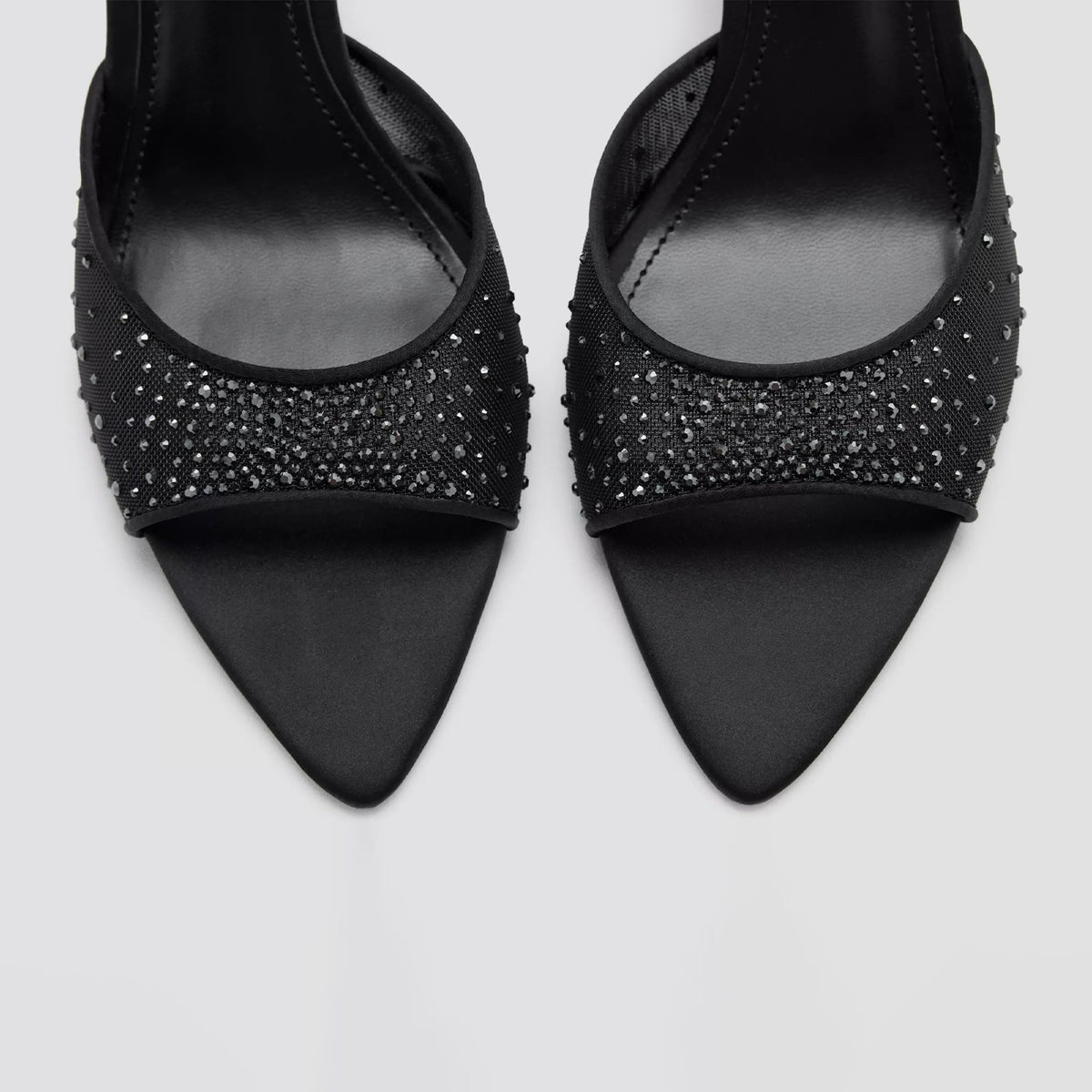 Black Mesh With Rhinestones Pointed-Toe Backless Pumps High Heels