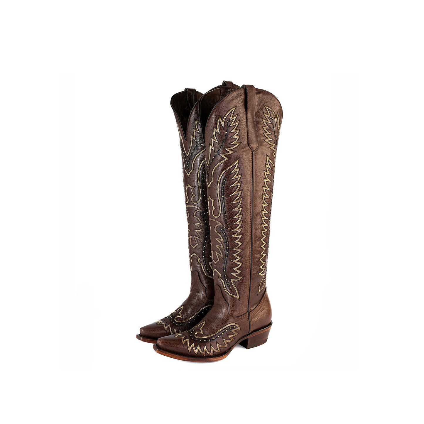 Brown Snip-Toe Wings Embroidery Studded Half-Zip Knee High Cowgirl Boots