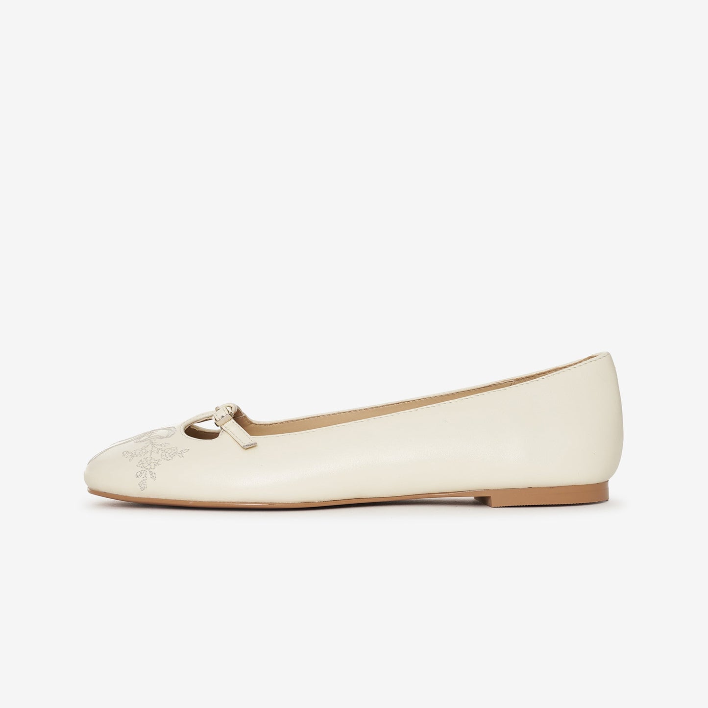 Cream Square-Toe Bow Embroidery Slip-On Ballet Flats