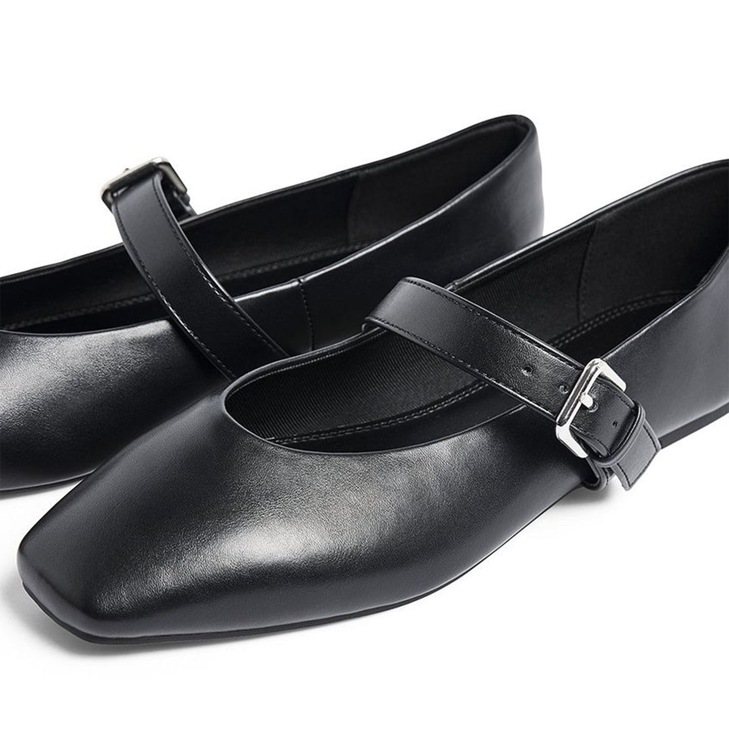 Black Square-Toe Buckle Mary Jane Ballet Flats