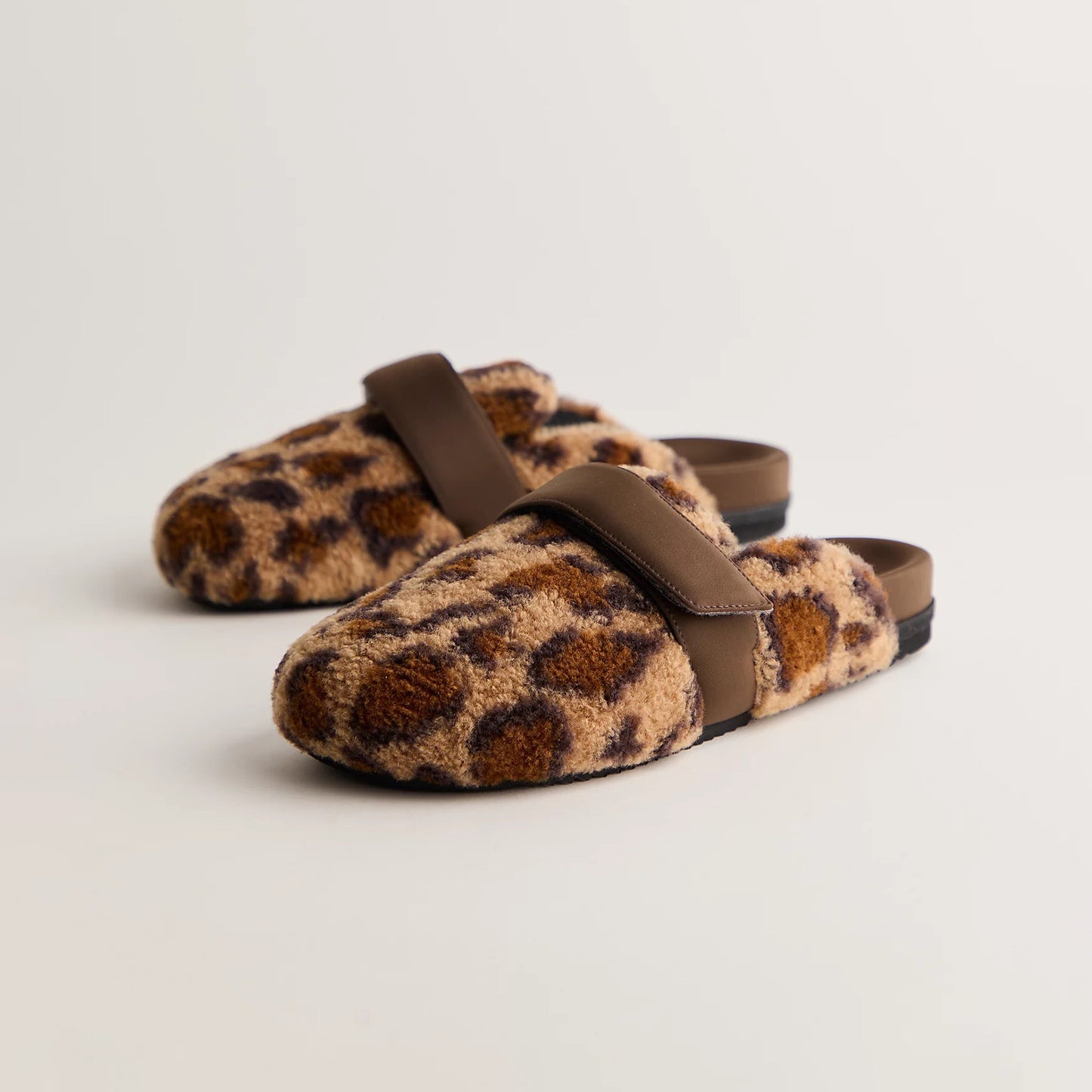 Leopard Plush Round-Toe Slip-On Backless Loafer Slippers Flats