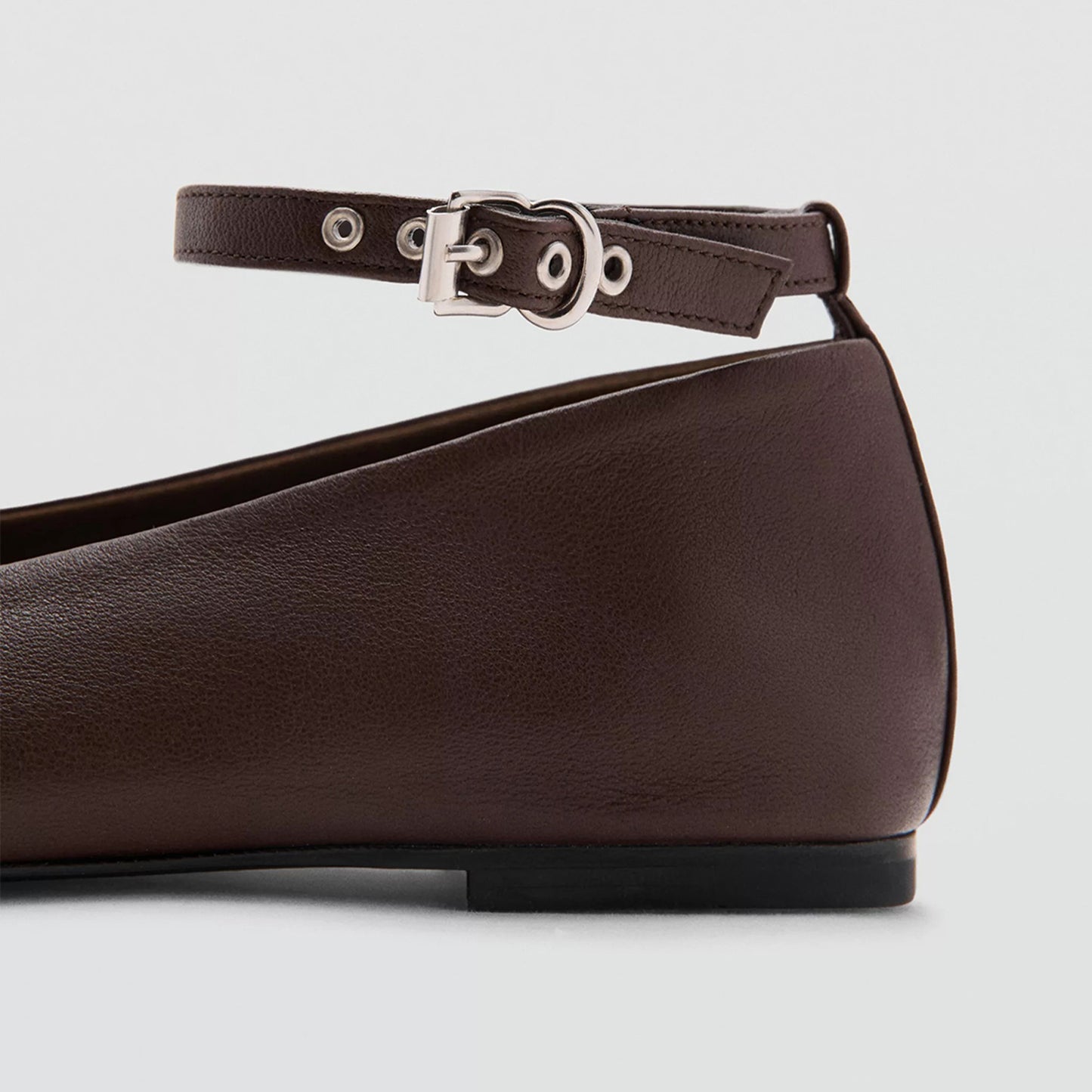 Chocolate Round-Toe Slip-On Buckle Ankle Strap Ballet Flats