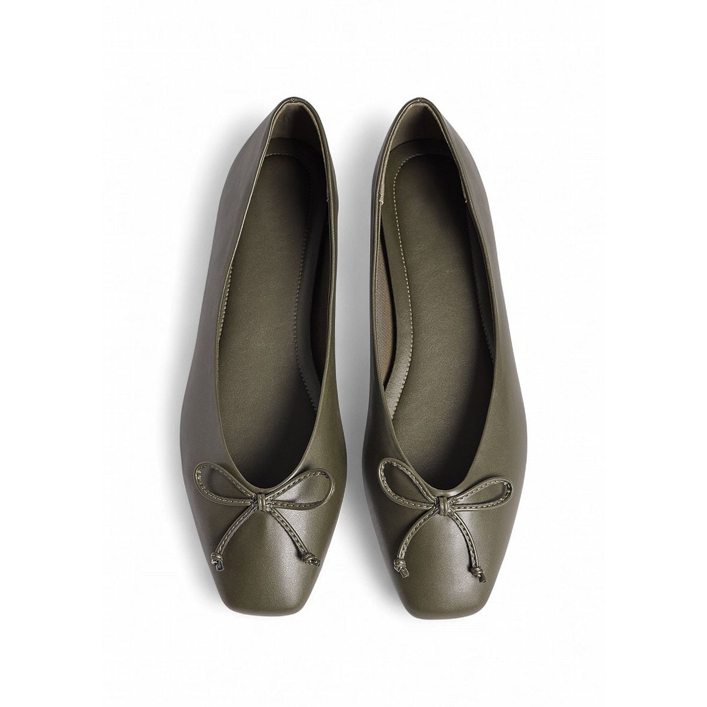 Khaki Green Square-Toe Classic Front Bow Detail Ballet Flats