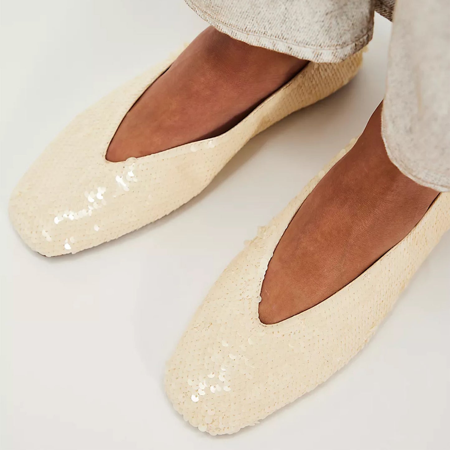 Beige Satin Round-Toe Classic Ballet Slip-On Sequin Flats