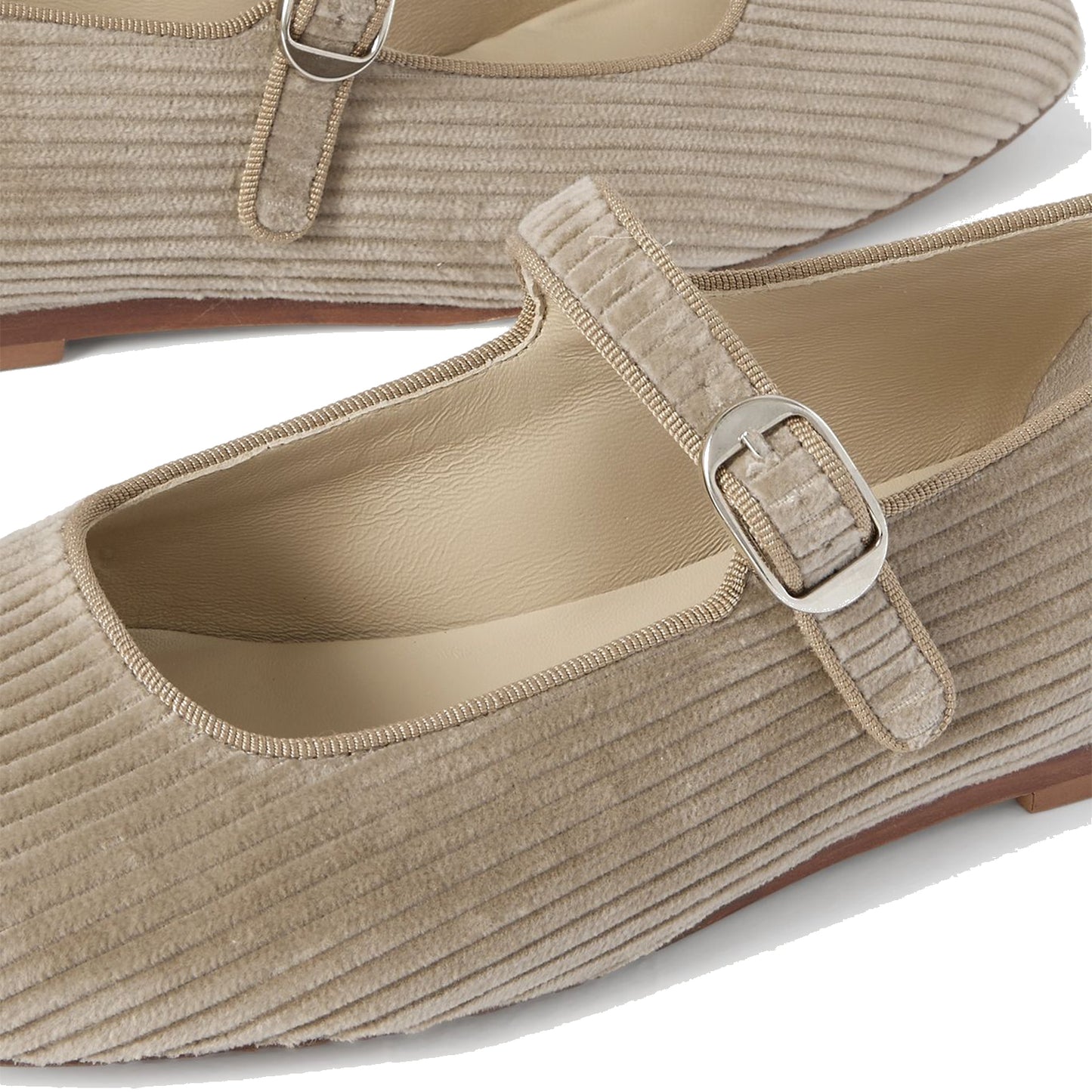Beige Threaded Fabric Square-Toe Mary Jane Slip-On Ballet Flats