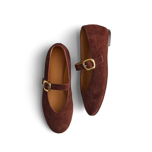 Chocolate Faux Suede Round-Toe Buckle Bridge Strap Slip-On Flats