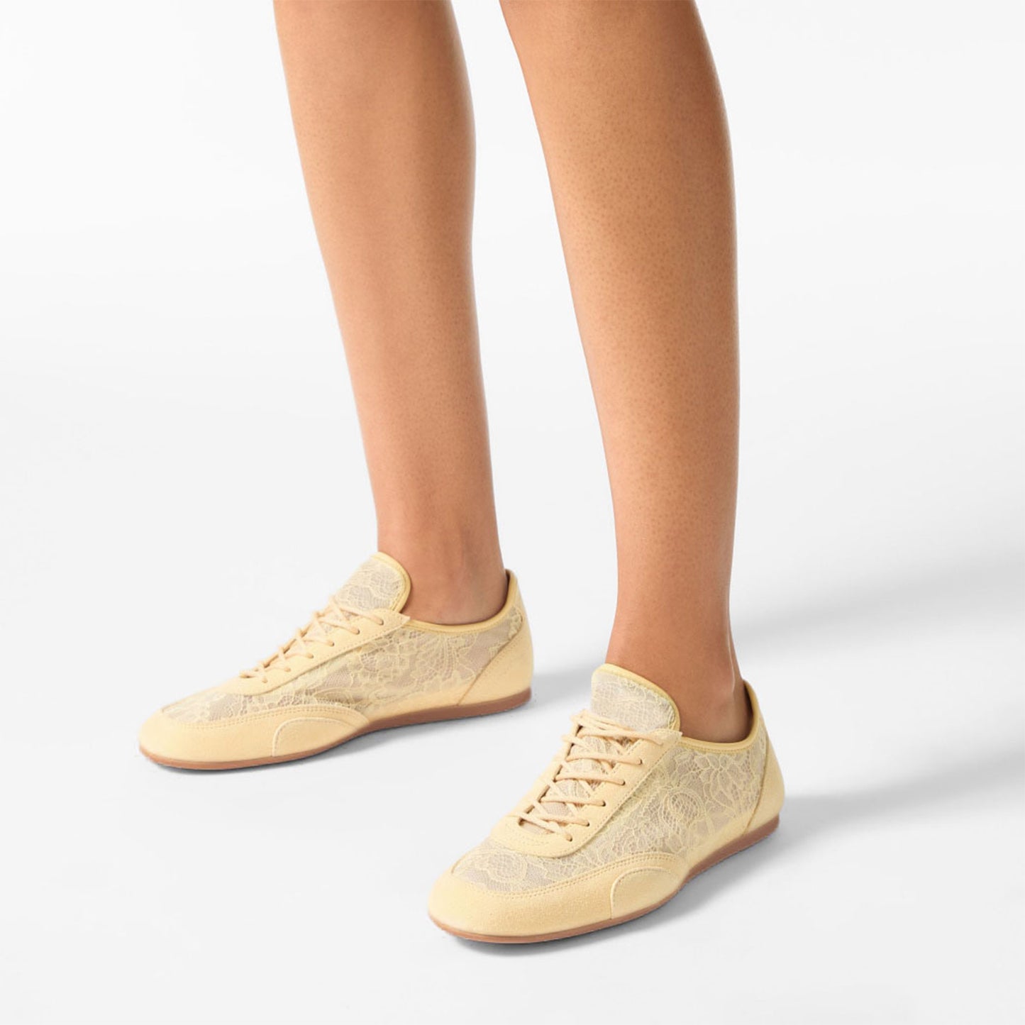 Yellow Faux Suede And Lace Mesh Round-Toe Lace-Up Sneakers Flats
