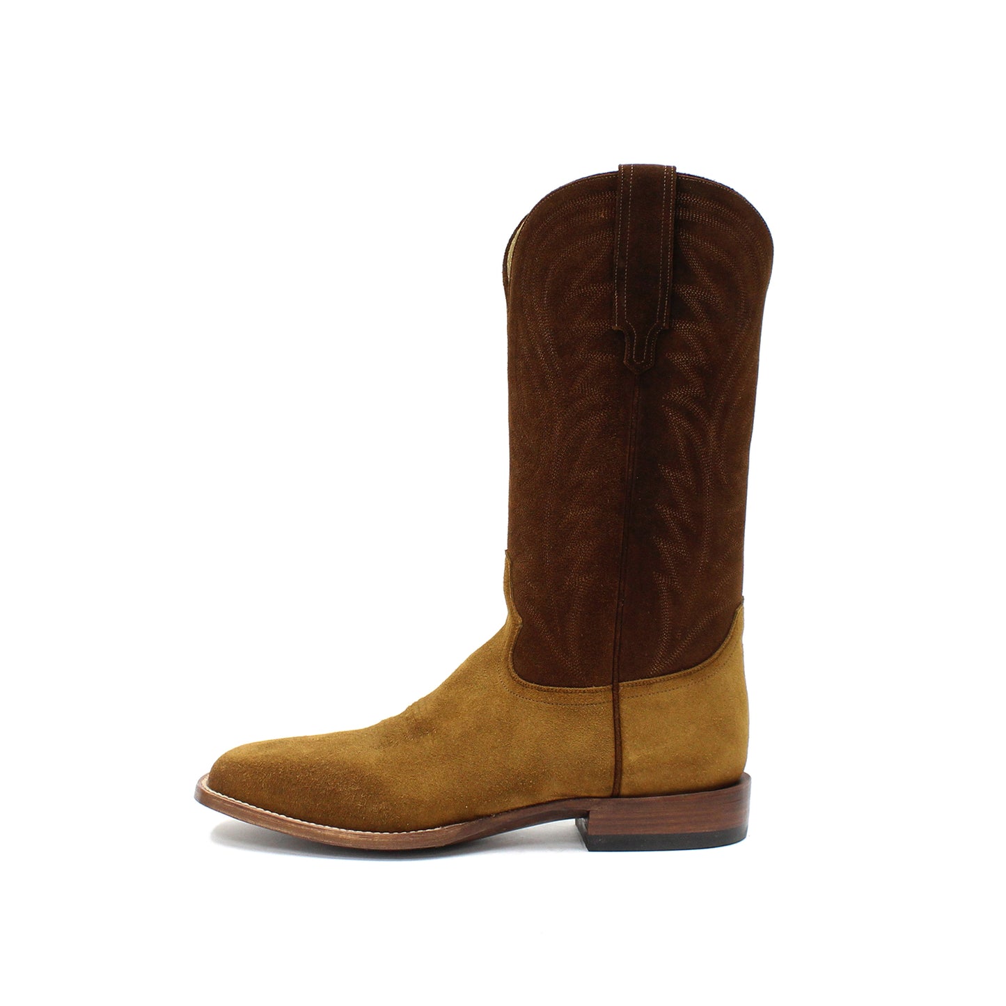 Contrast Chocolate And Camel Square-Toe Embroidery Mid Calf Cowgirl Boots