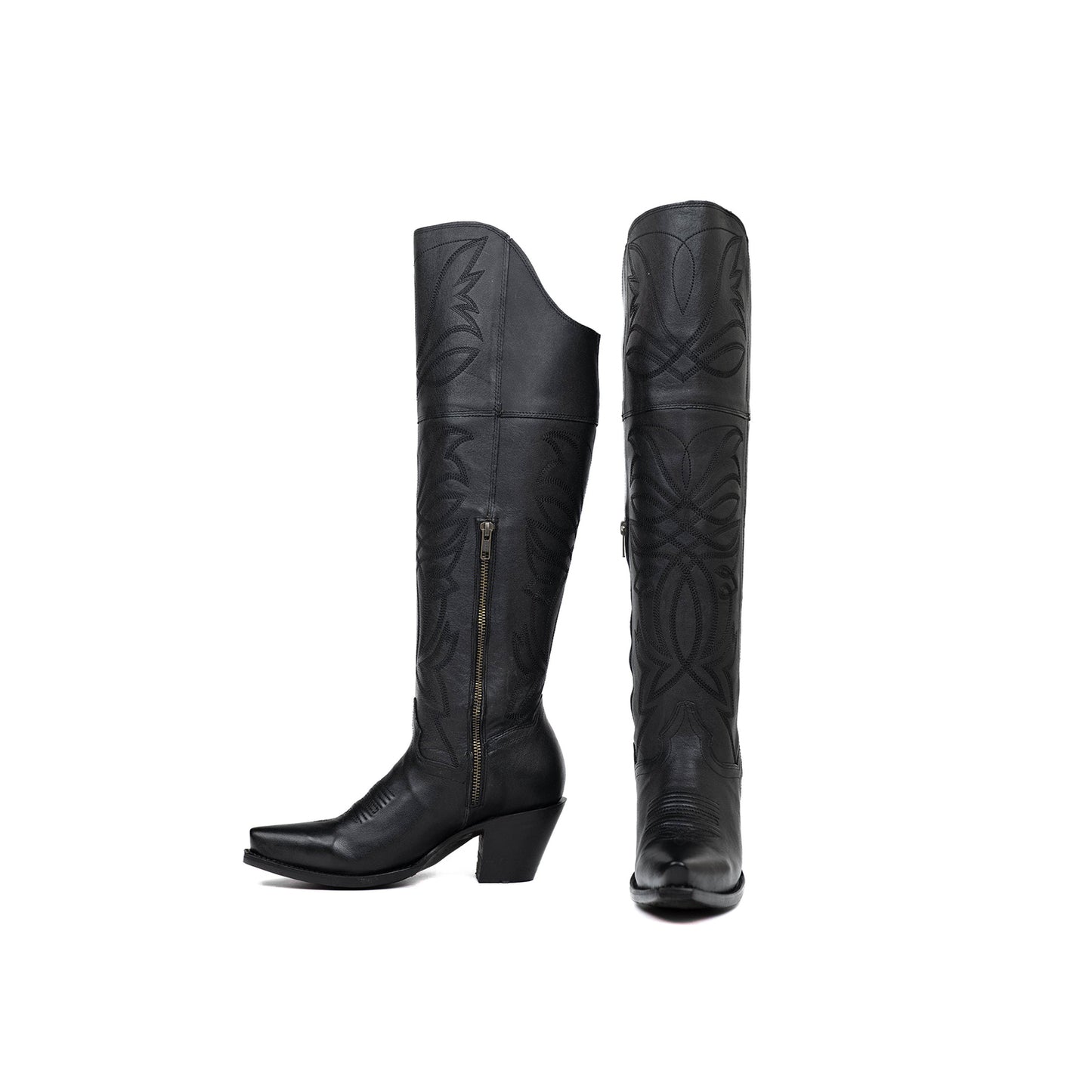 Black Snip-Toe Half-Zip Western Embroidery Knee High Cowgirl Boots
