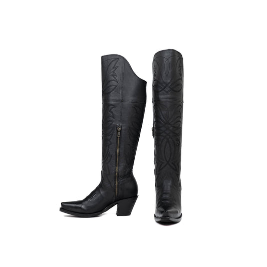 Black Snip-Toe Half-Zip Western Embroidery Knee High Cowgirl Boots