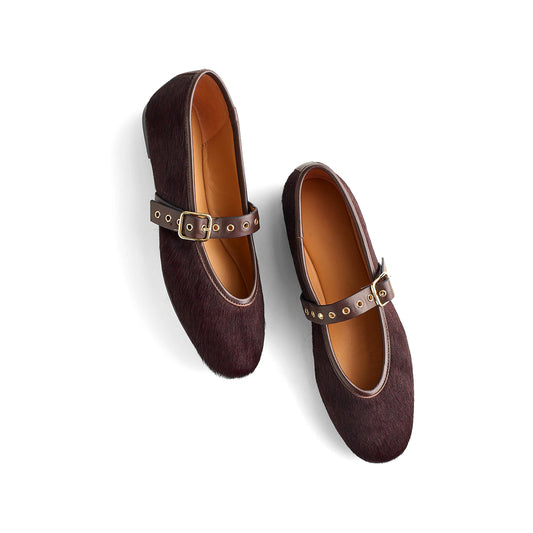 Chocolate Pony Hair Round-Toe Buckle Bridge Strap Slip-On Flats