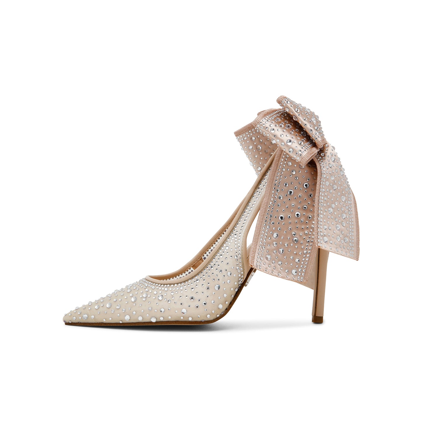 Champagne Mesh Pointed-Toe Crystals Slip-On High Heels Pumps With Big Back Bow