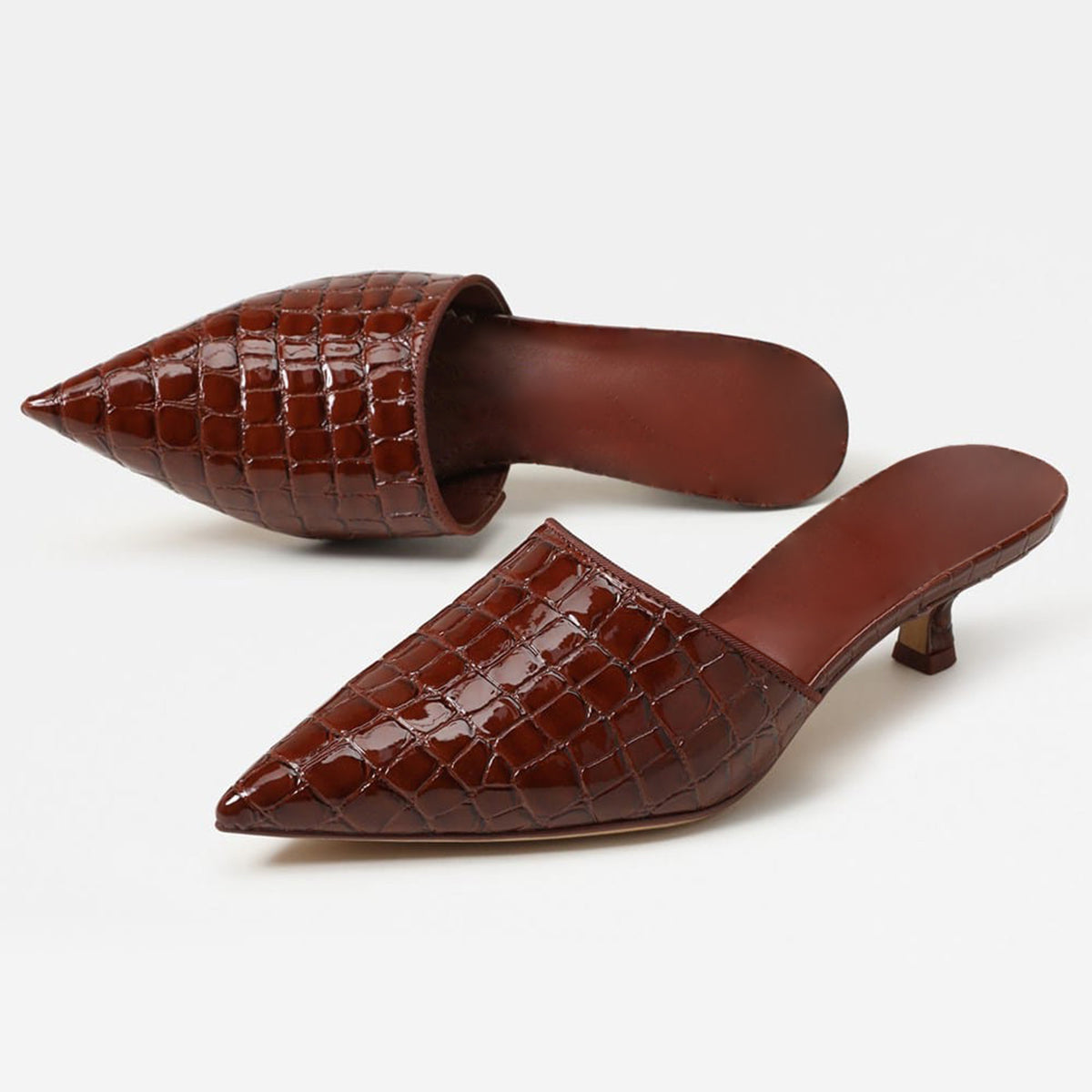 Brown Stone Pattern Vegan Leather Pointed-Toe Backless Chic Kitten Heels
