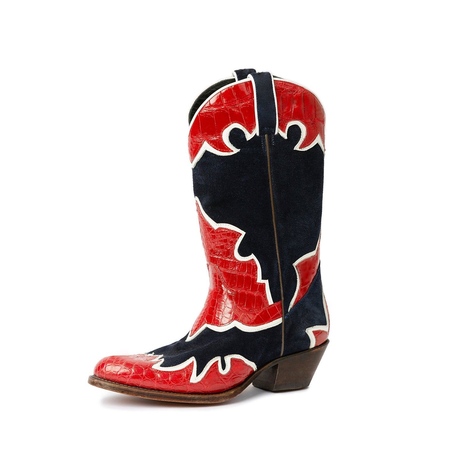 Contrast Tri-Colors Crocodile Print Vegan Leather And Faux Suede Round-Toe Inlays Mid Calf Cowgirl Boots
