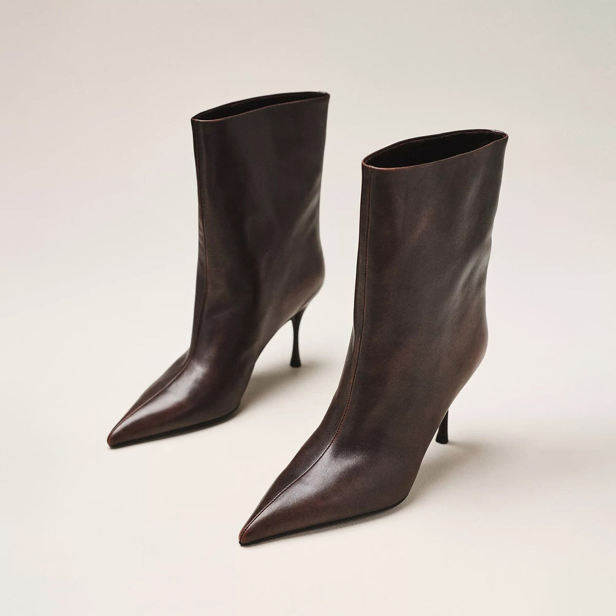Dark Brown Pointed-Toe Slip-On Sleek Ankle Stiletto Boots