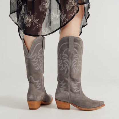 Charcoal Faux Suede Snip-Toe Embroidery Mid Calf Cowgirl Boots