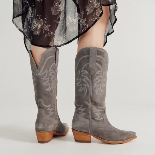 Charcoal Faux Suede Snip-Toe Embroidery Mid Calf Cowgirl Boots