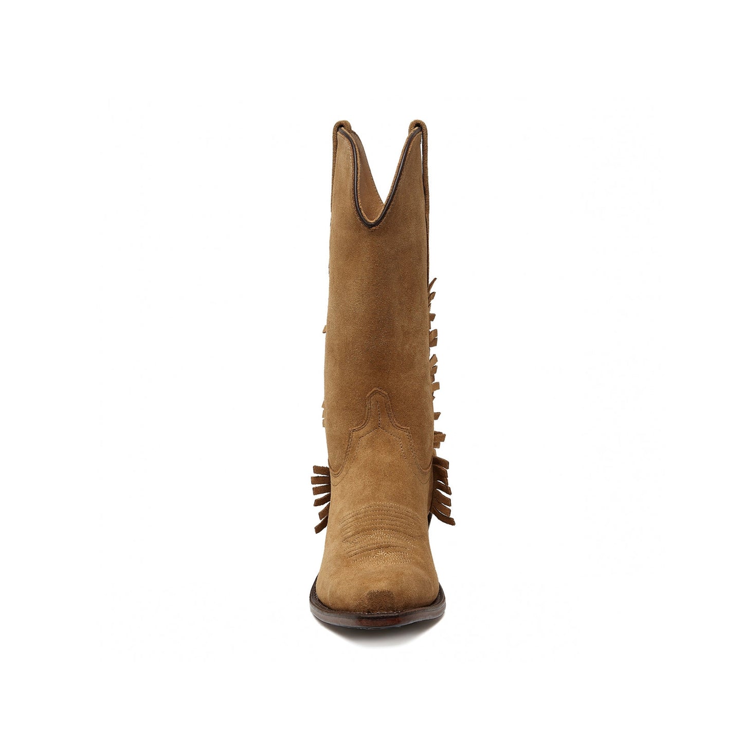 Cognac Faux Suede Snip-Toe Short Fringe Mid Calf Cowgirl Boots