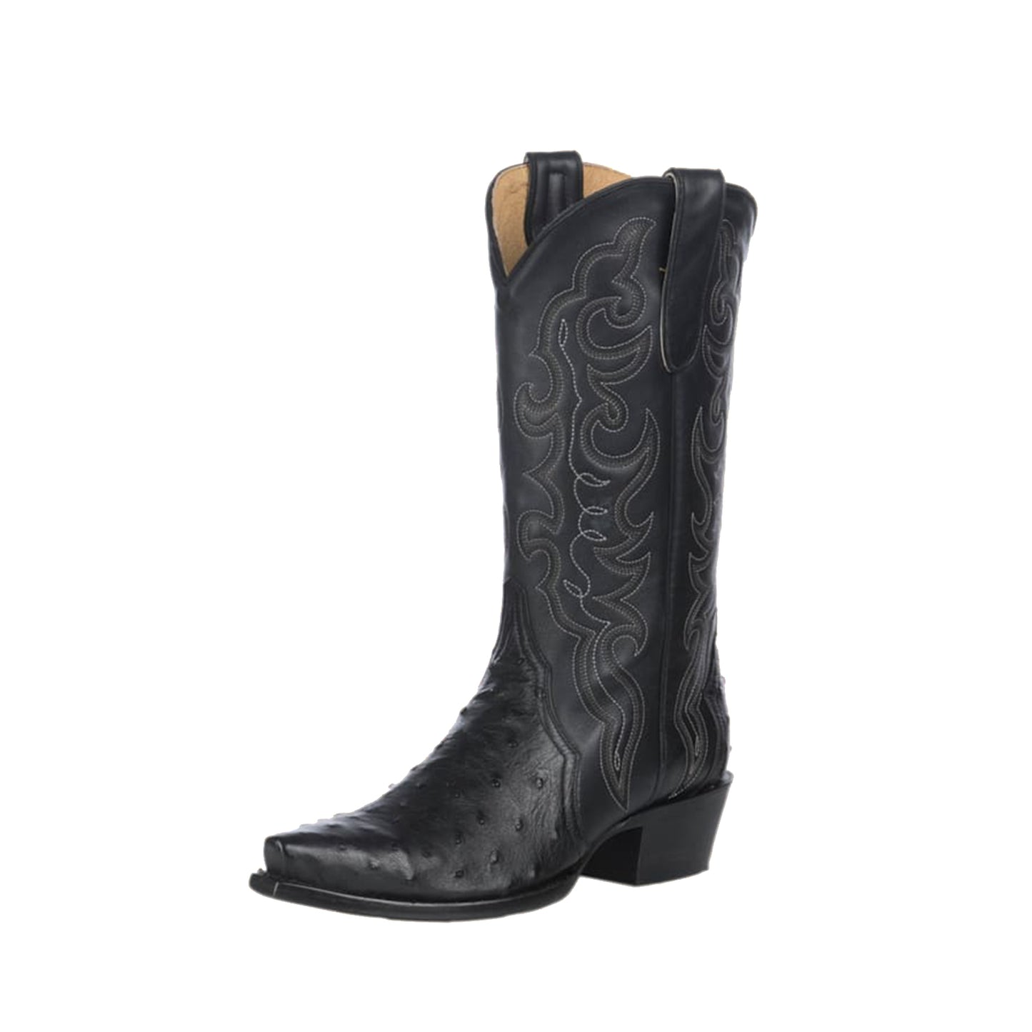 Black Contrast Vegan Leather And Ostrich Print Snip-Toe Embroidery Classic Mid Calf Cowgirl Boots