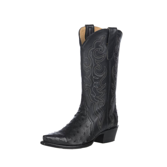 Black Contrast Vegan Leather And Ostrich Print Snip-Toe Embroidery Classic Mid Calf Cowgirl Boots