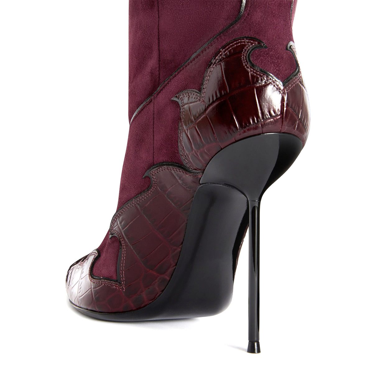 Burgundy Faux Suede And Crocodile Pattern Pointed-Toe Slip-On Mid Calf Stiletto Boots
