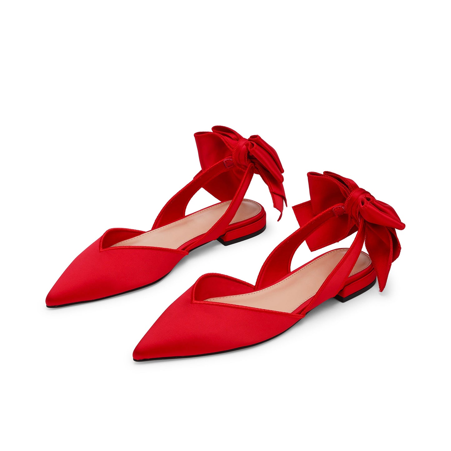Red Satin Pointed-Toe Slingback Back Bow Flats