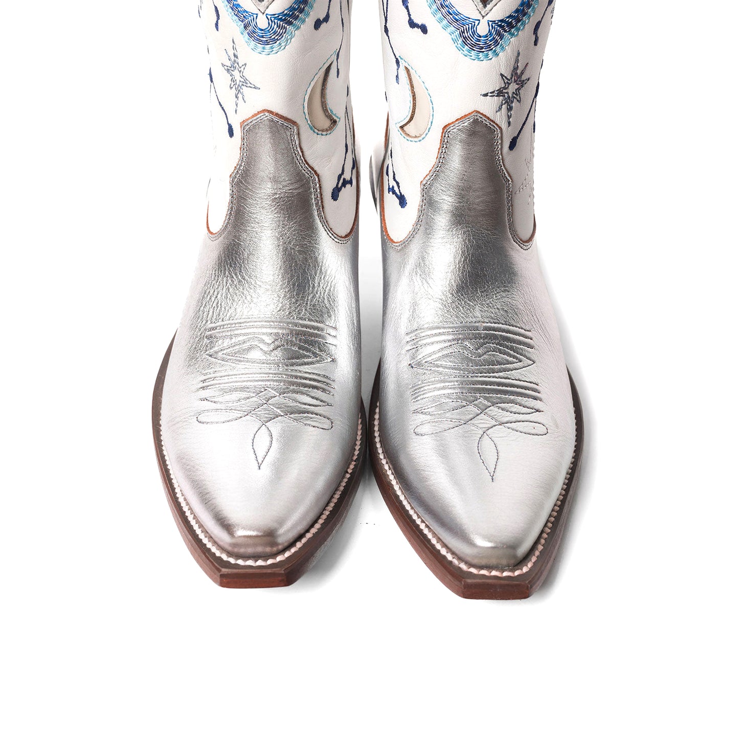 Contrast White And Metallic Silver Snip-Toe Cosmic Embroidery Moon Inlay Ankle Cowgirl Boots
