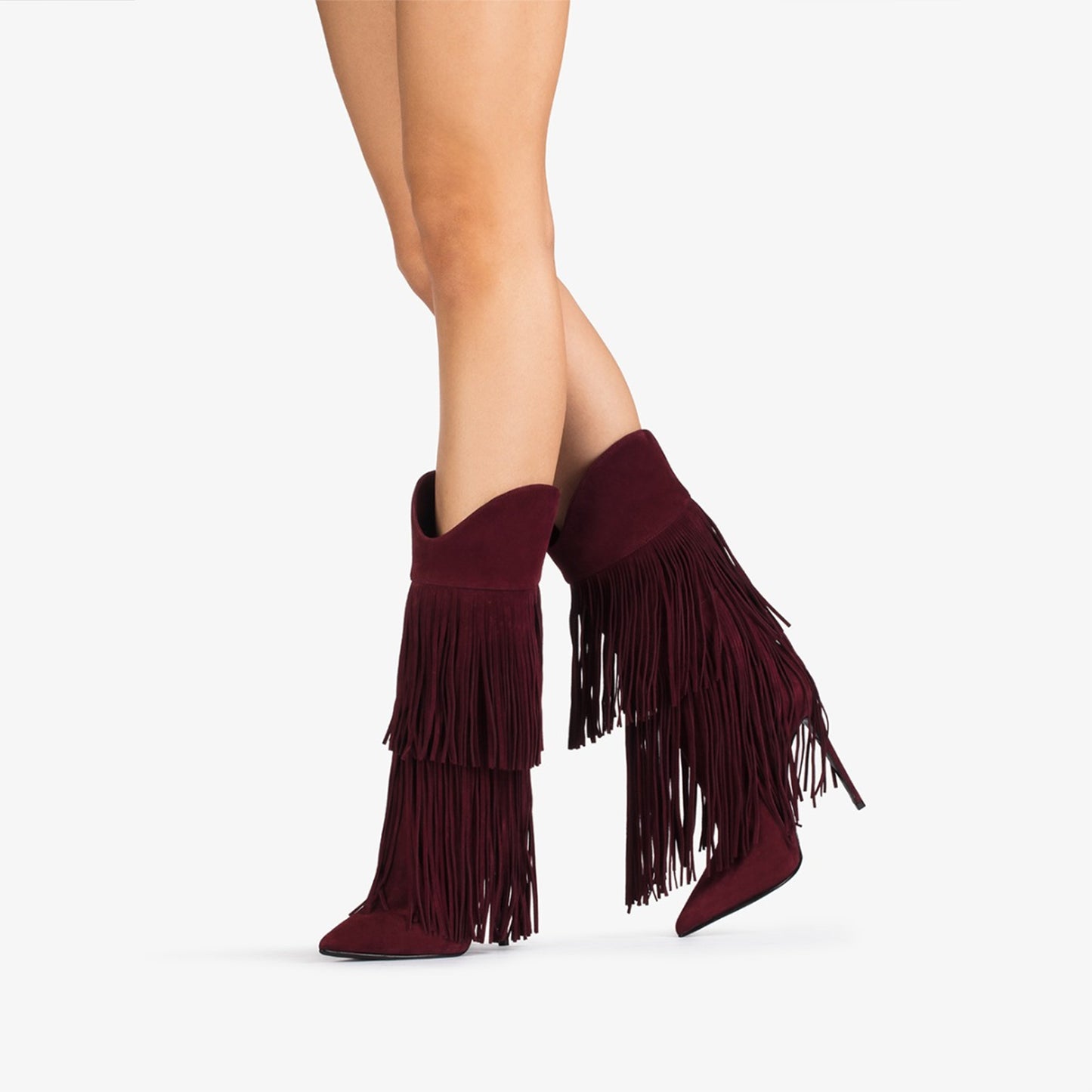 Cherry Red Faux Suede Pointed-Toe Shaft Fringe Mid Calf Stiletto Boots