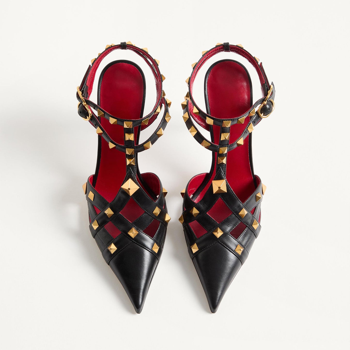 Black Pointed-Toe Studded Strappy Ankle Strap High Heels