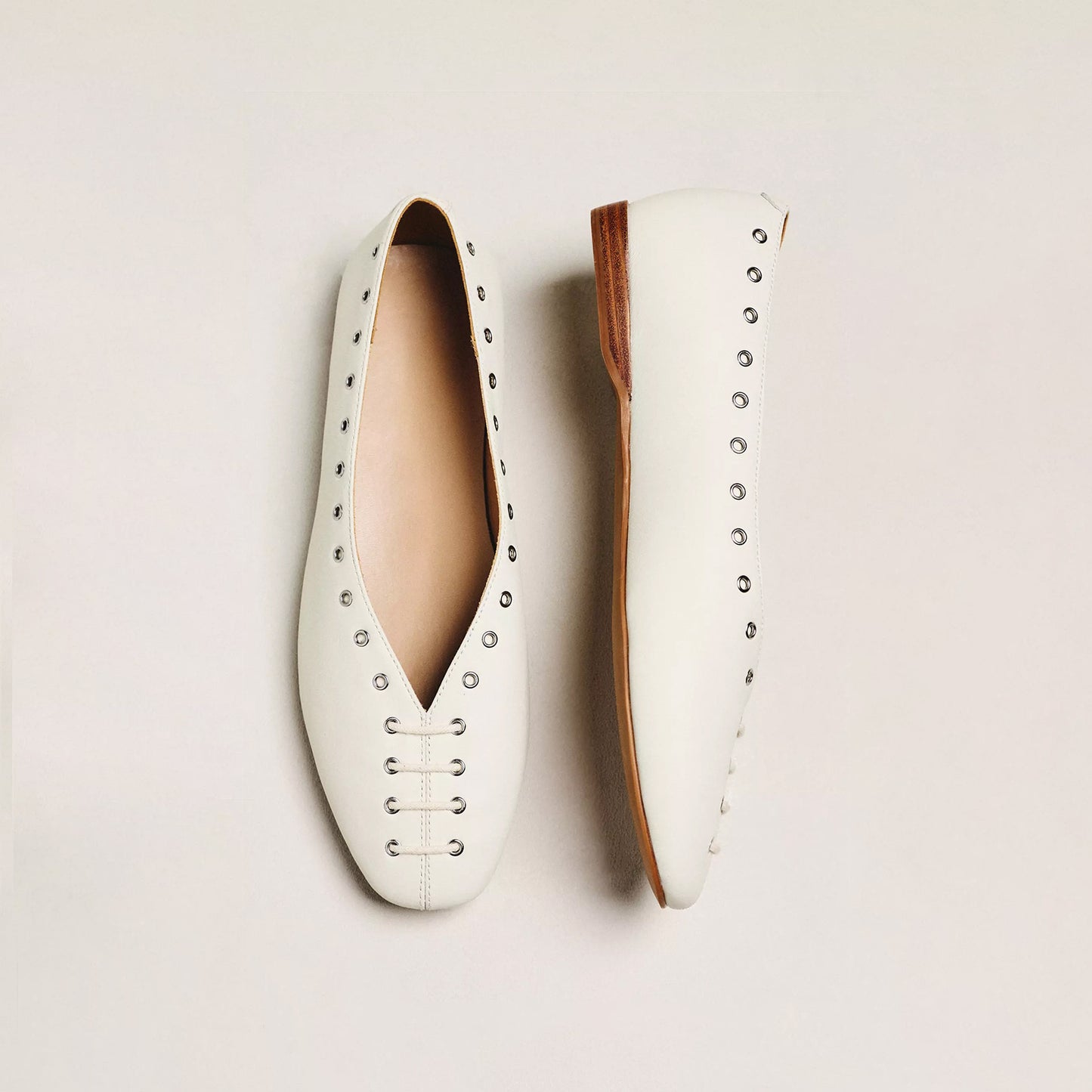 Cream Square-Toe Grommet Lace-Up Ballet Flats